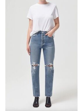 AGOLDE 90's Pinch High Rise Jeans 25 Distressed Ripped Knees Button Fly Denim